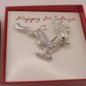 Reindeer Silver Tone Rhinestone Brooch